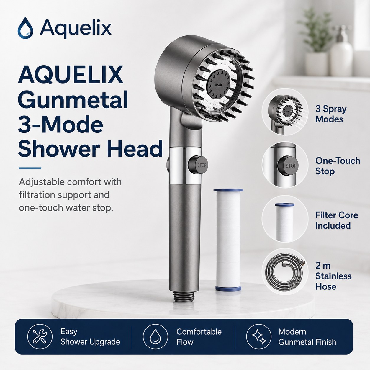 gunmetal 3 mode shower head wholesale - AQ-S240 Gunmetal 3-Mode Shower Head