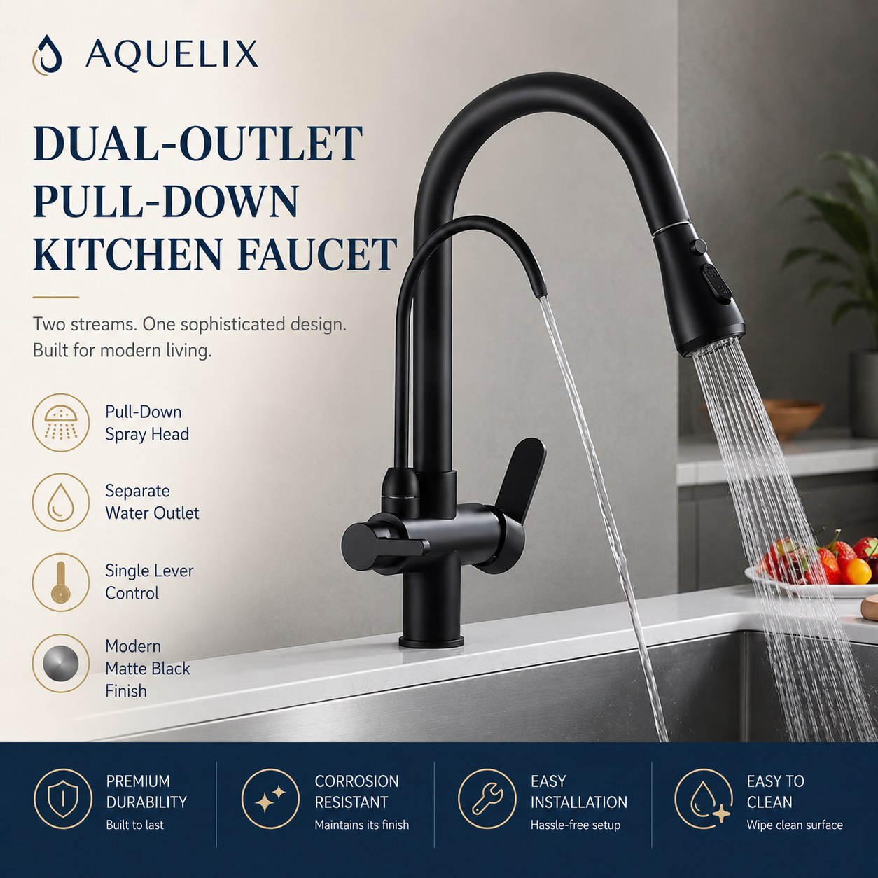 dual outlet pull down kitchen faucet supplier - AQ-K550 Dual-Outlet Pull-Down Kitchen Faucet