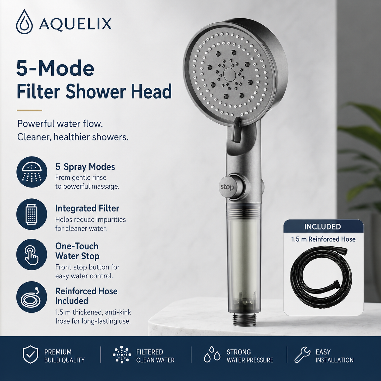 5-Mode Filter Shower Head with Hose - 5 mode filter shower head with hose