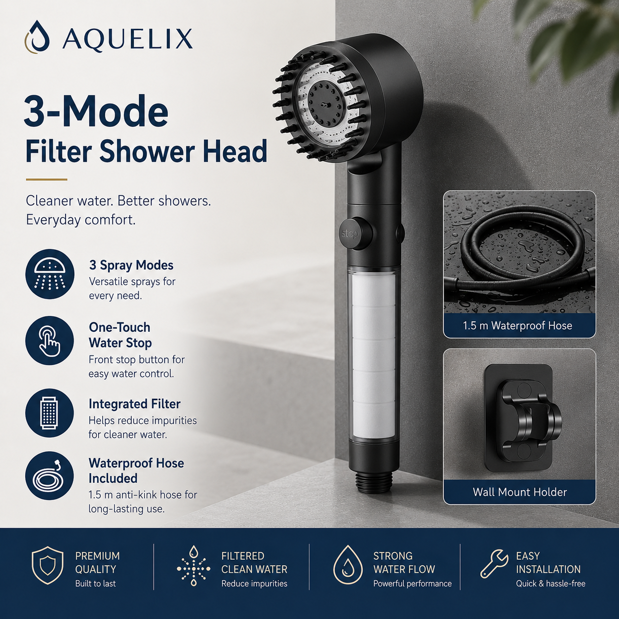 3-Mode Filter Shower Head in Black - 3 mode filter shower head black