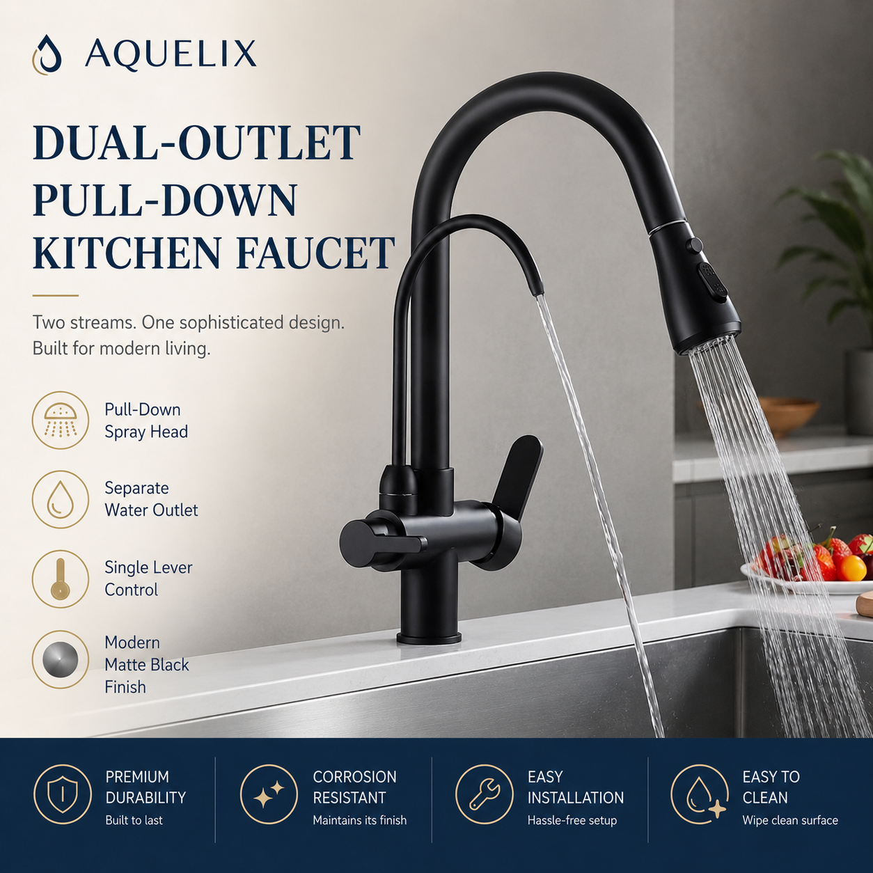 Dual-Outlet Pull-Down Kitchen Faucet - dual outlet pull down kitchen faucet