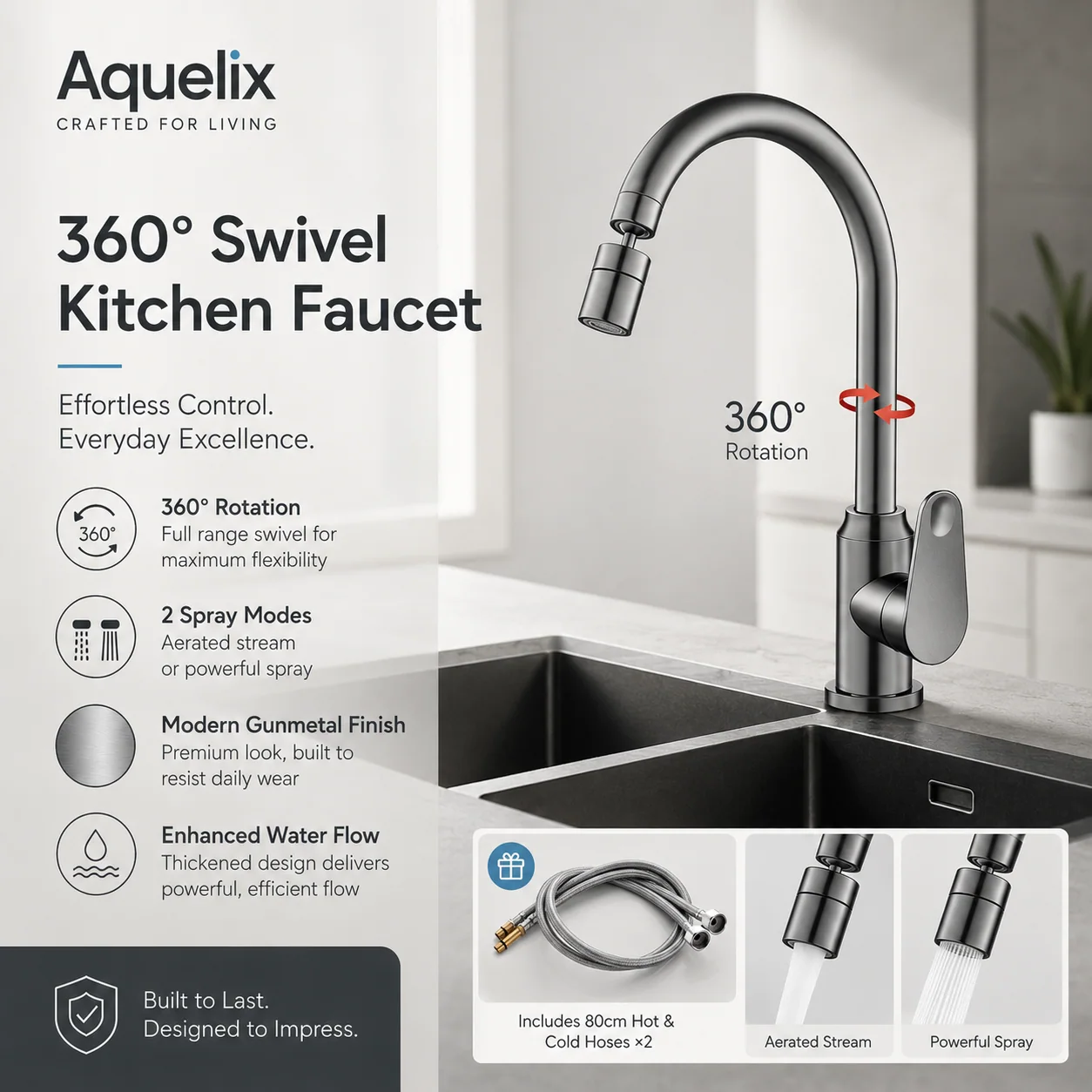 360 Degree Swivel Kitchen Faucet with Aerator - 360 swivel kitchen faucet aerator