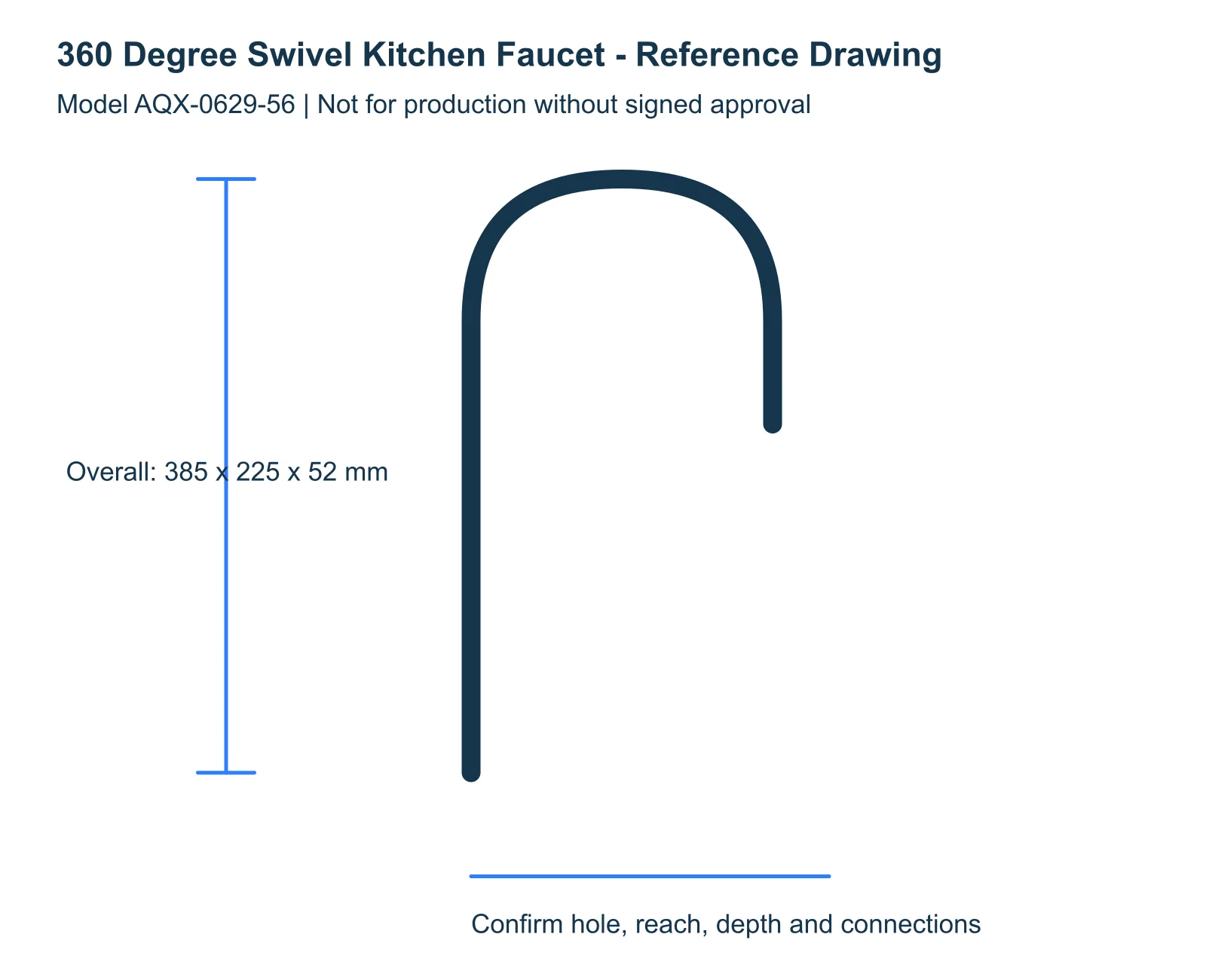 360 Degree Swivel Kitchen Faucet reference dimensions and installation drawing