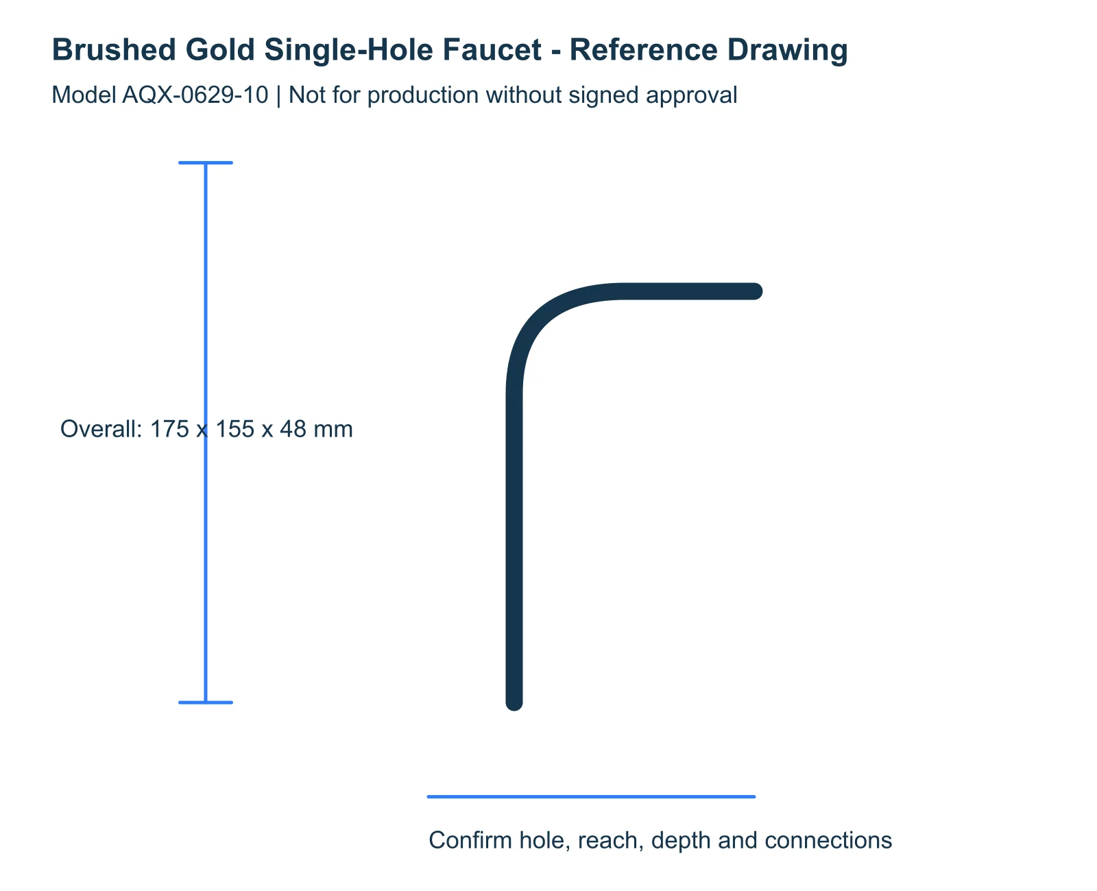 Brushed Gold Single-Hole Faucet reference dimensions and installation drawing