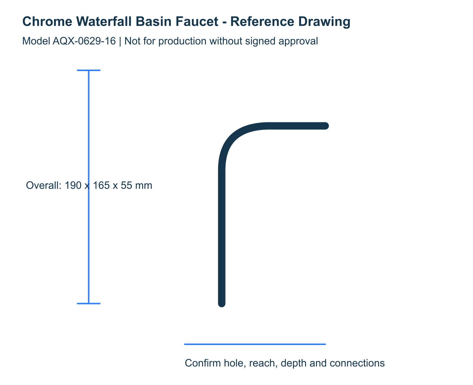 Chrome Waterfall Basin Faucet reference dimensions and installation drawing