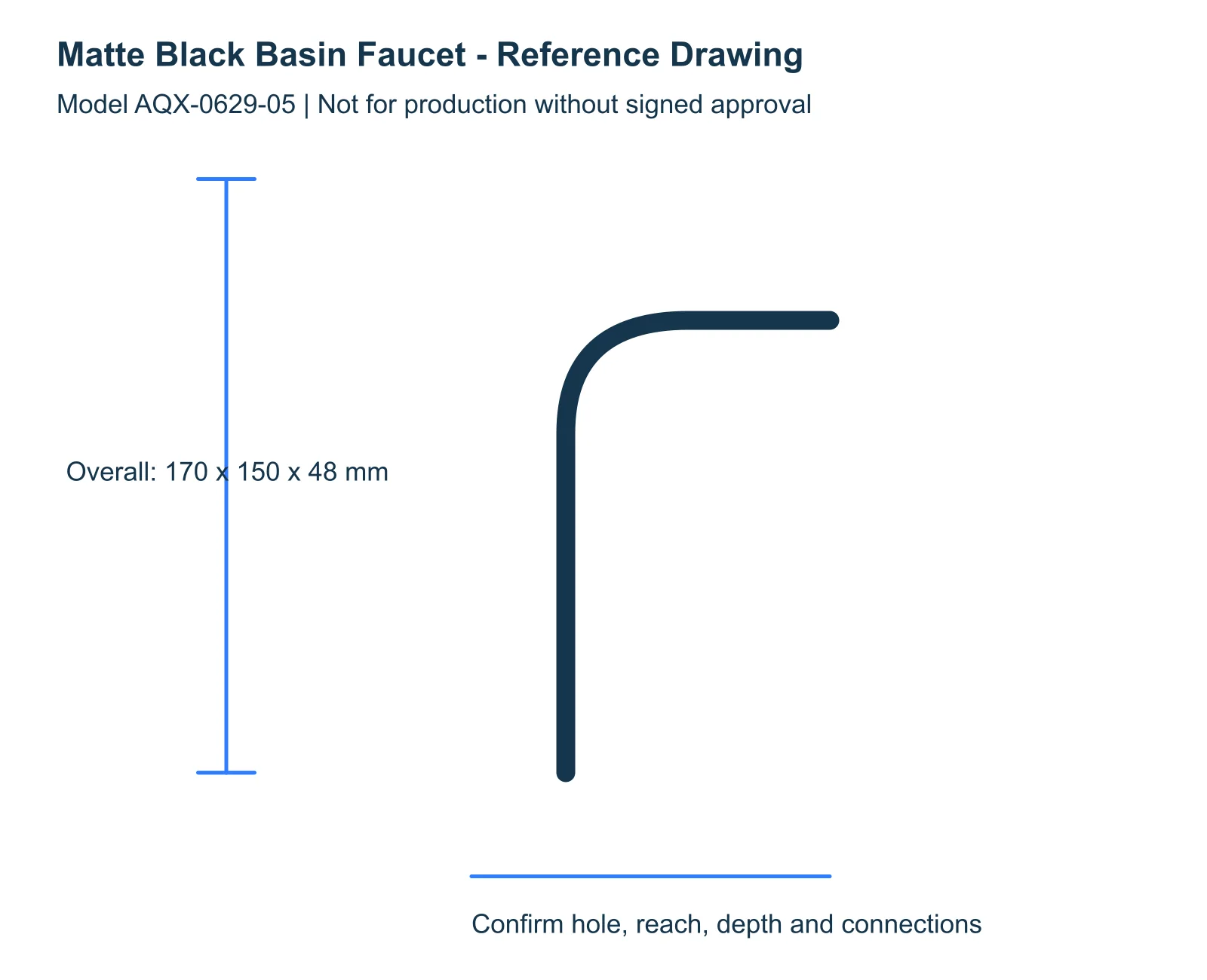 Matte Black Basin Faucet reference dimensions and installation drawing