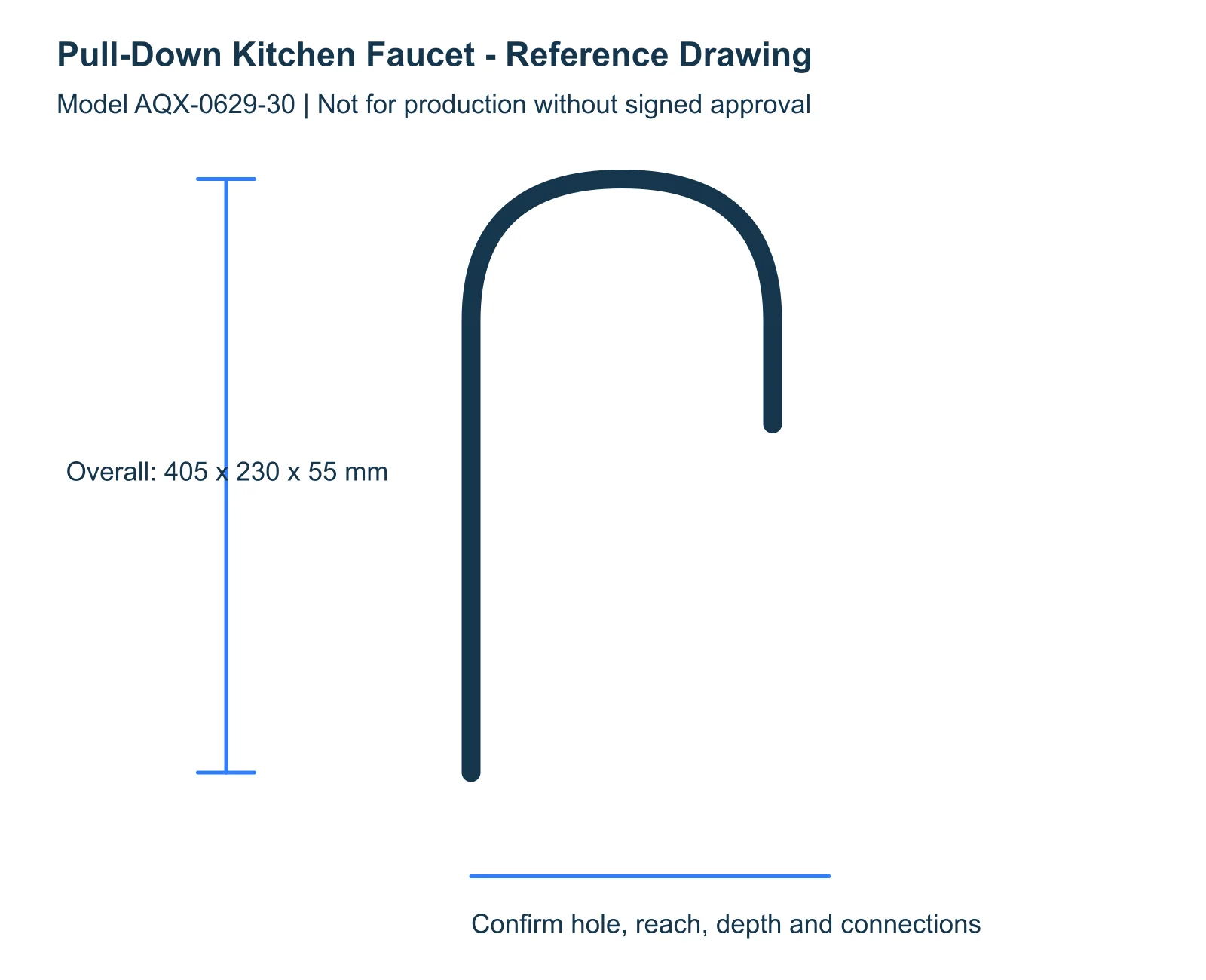 Pull-Down Kitchen Faucet reference dimensions and installation drawing