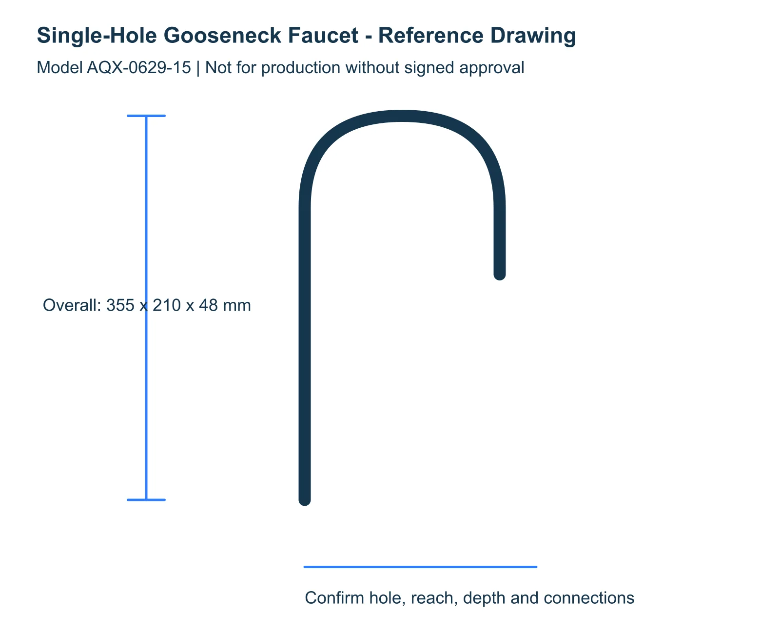 Single-Hole Gooseneck Faucet reference dimensions and installation drawing